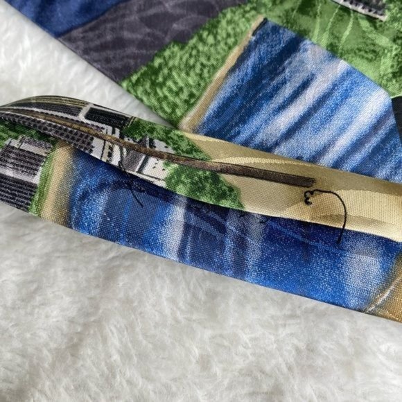Tropical Hawaiian handmade men’s tie with Waikiki theme blue tan multi colored - Picture 9 of 11